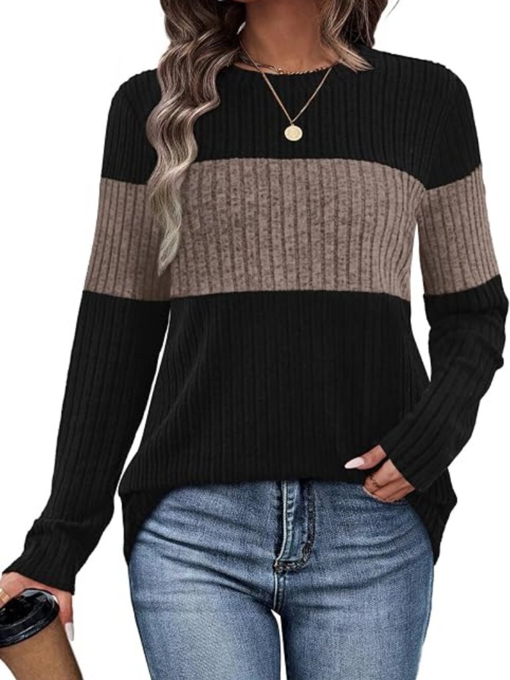 WIHOLL Womens Sweaters Trendy Color Block Tops Long Sleeve Shirts Fall Outfits E